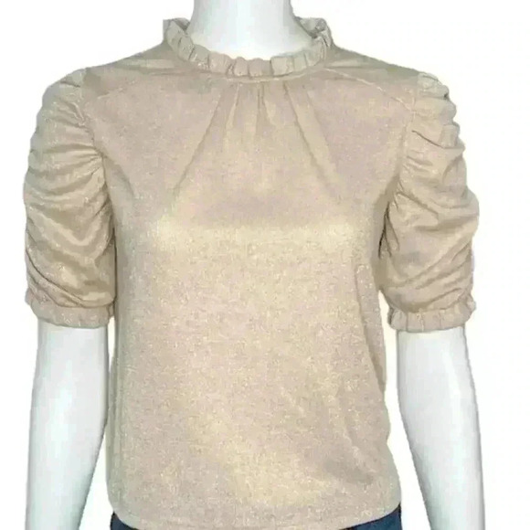 Walter Baker Blush Shimmer Ruched Sleeve Blouse Keyhole Back Size S - Picture 3 of 11